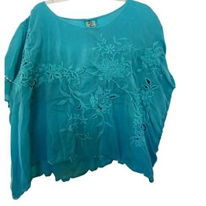 Johnny Was Turquoise Embroidered Rayon Kaftan Poncho Tunic Top XLP